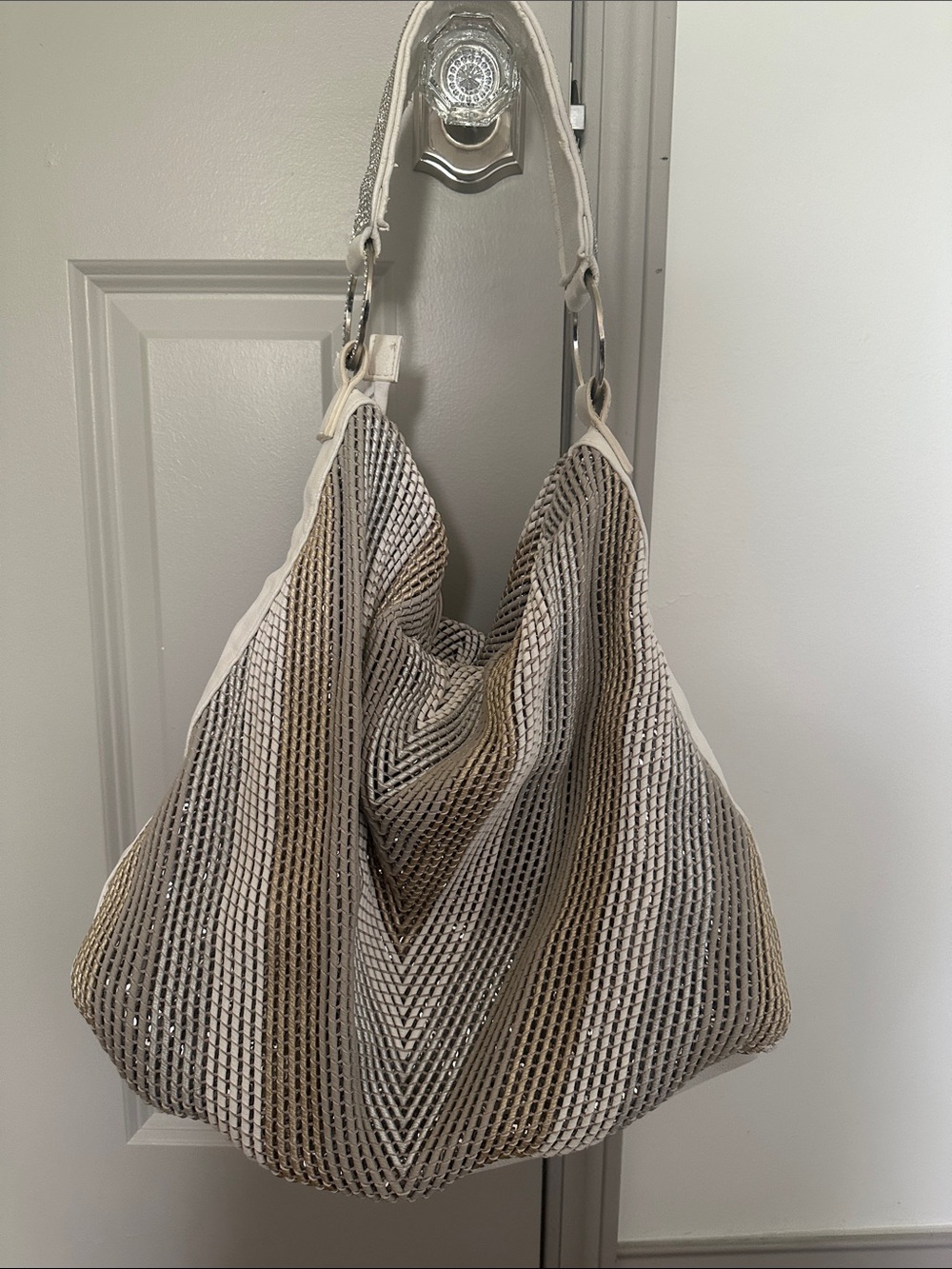 Neutral Woven Hobo Tote Bag - Beige and White